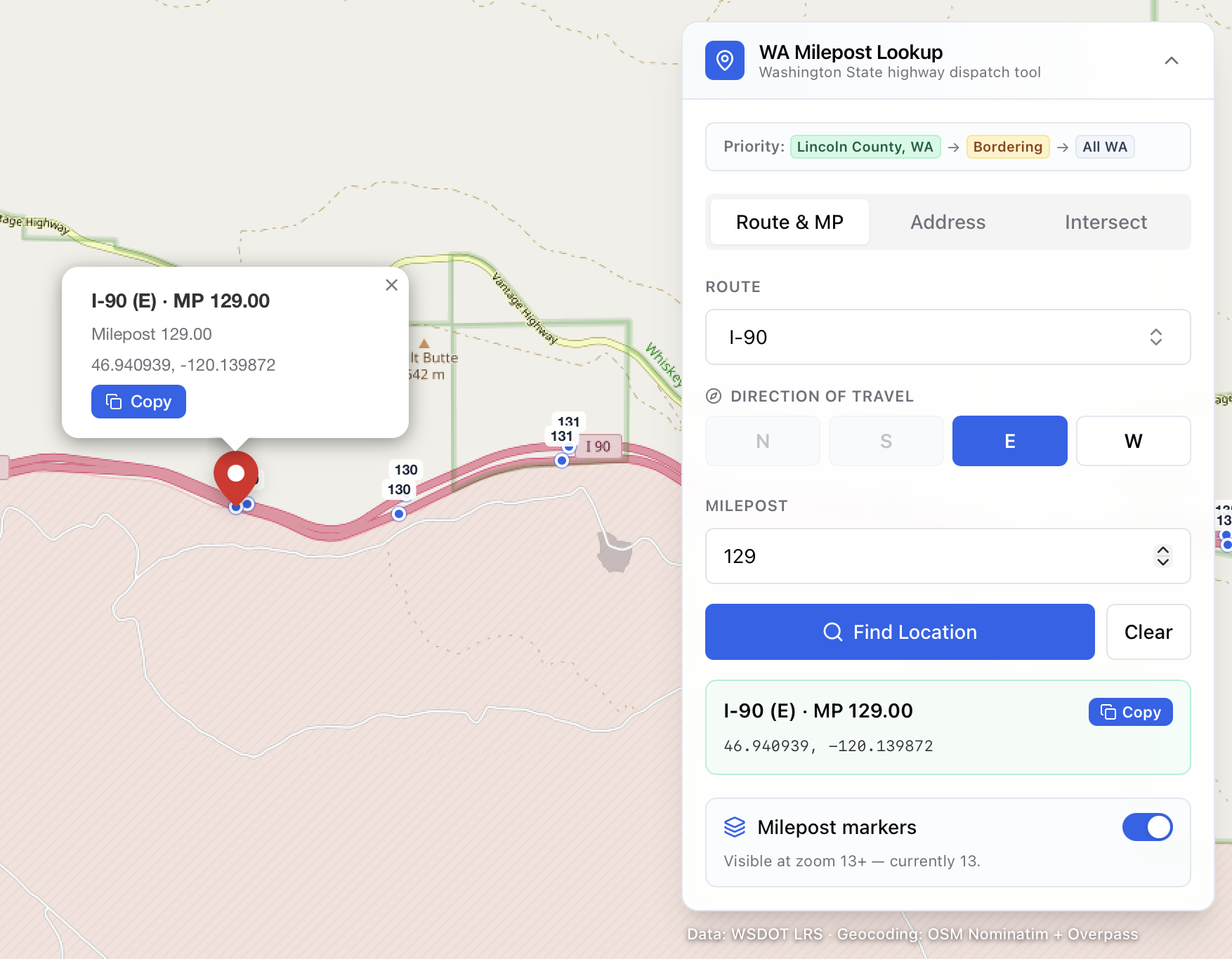 Mile or Intersection to Coordinate Map